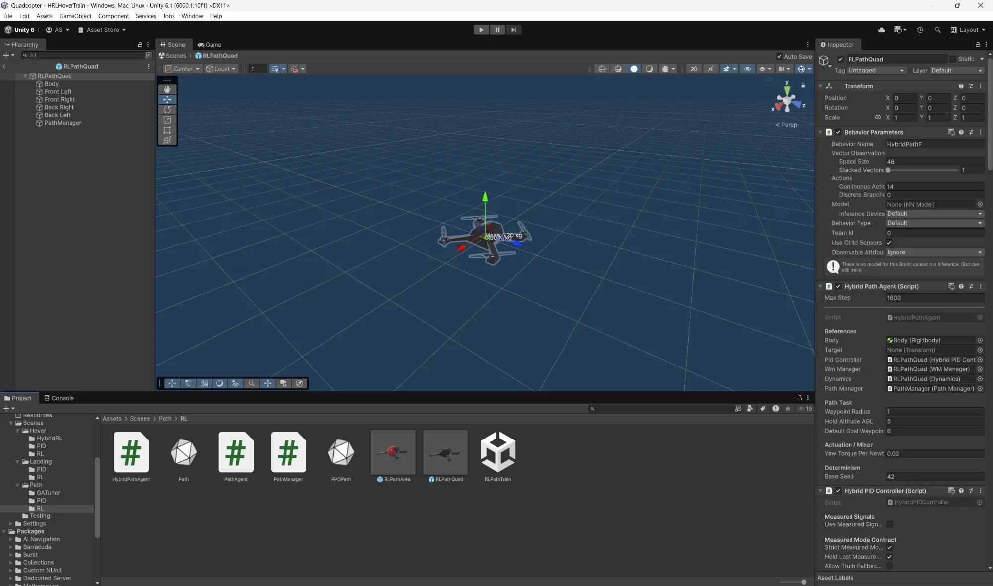 Unity editor with the quadrotor agent, its ML-Agents behaviour and the hybrid PID controller